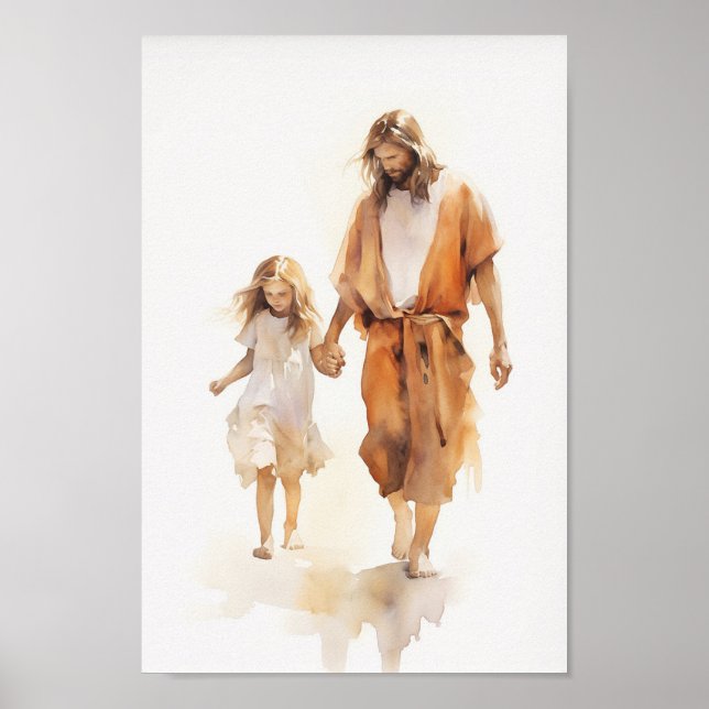 Kristus med Girl Watercolor Art Print Poster (Framsidan)