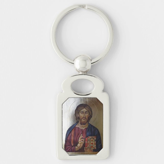Kristus Pantocrator - Byzantinestilsymbol Rektangulärt Silverfärgad Nyckelring (Framsidan)