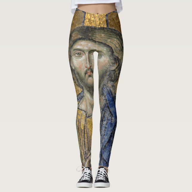 Kristus Pantocrator Mosaic Iconic Religiösa Roman  Leggings (Framsida)