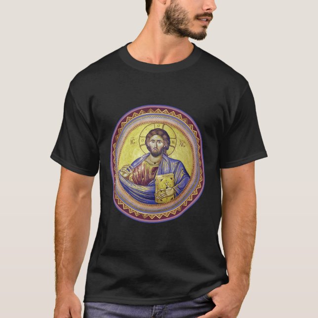 Kristus Pantocrator Orthodox Icon T Shirt (Framsida)