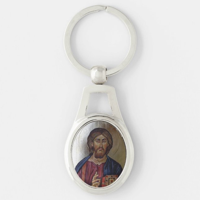 Kristus Pantocrator Ovalt Silverfärgad Nyckelring (Framsidan)