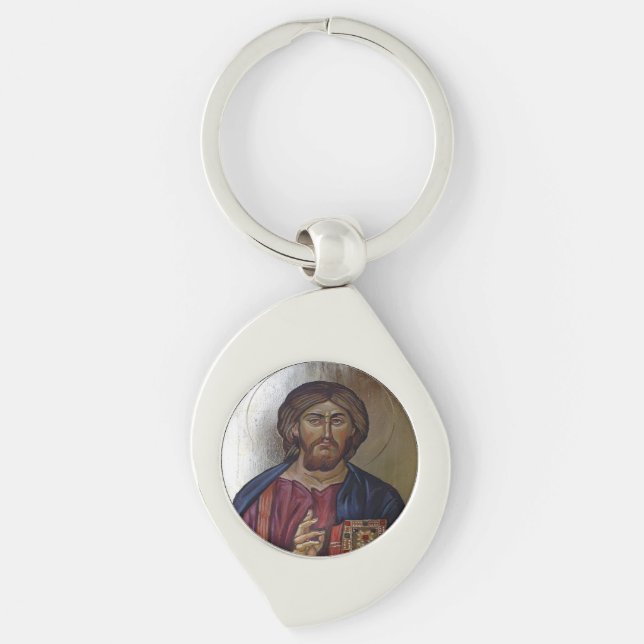 Kristus Pantocrator Ovalt Silverfärgad Nyckelring (Framsidan)
