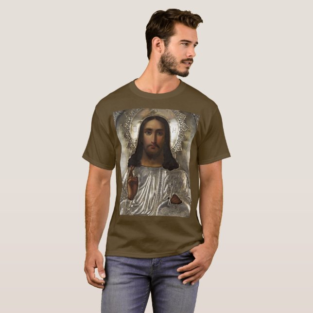 Kristus Pantocrator Silver Oklad Riza ryska Icon T Shirt (Hel framsida)