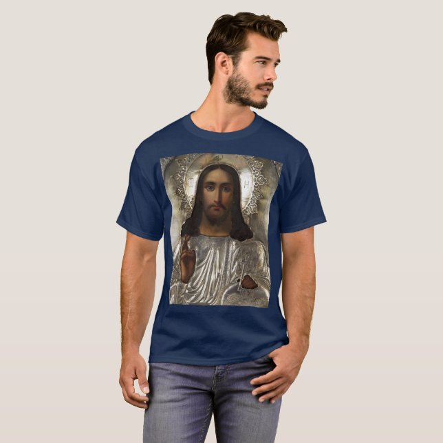 Kristus Pantocrator Silver Oklad Riza ryska Icon T Shirt (Hel framsida)