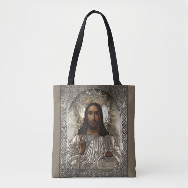Kristus Pantocrator Silver Oklad Riza ryska Icon Tygkasse (Framsida)