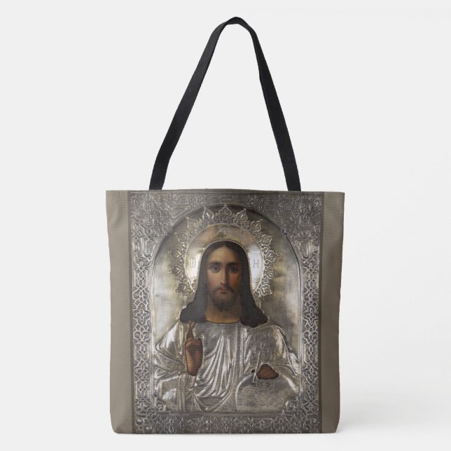 Kristus Pantocrator Silver Oklad Riza ryska Icon Tygkasse (Framsida)