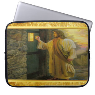 Kristus som knackar på en vädertråd av trä Guld Laptop Sleeve