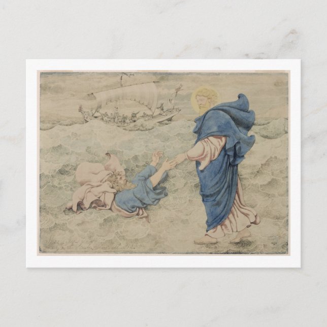 Kristus Walking-skiss på Vatten (pappert) Vykort (Framsida)