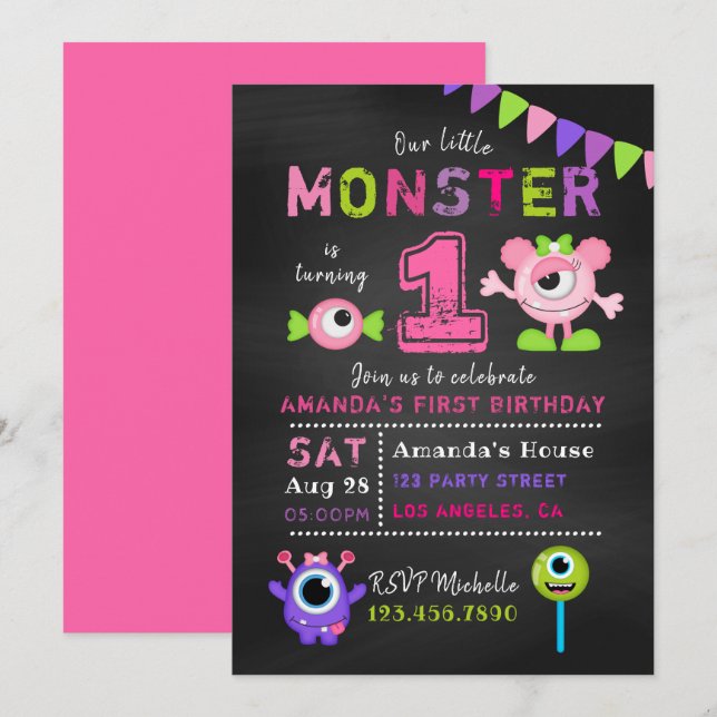 Krita 1-års födelsedagsfest för lilla monsterflick inbjudningar (Fram/baksida)