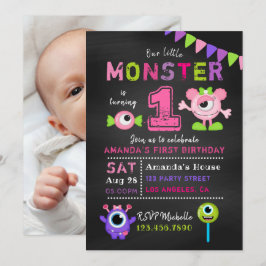 Krita 1-års födelsedagsfest för lilla monsterflick inbjudningar