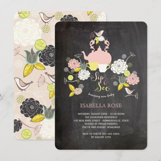 Krita Blommor & Fåglar Siesta Baby Shower Inbjudningar (Fram/baksida)