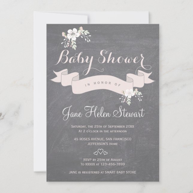 Krita blomsterrön rosa band baby shower inbjudningar (Framsida)