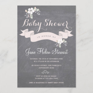 Krita blomsterrön rosa band baby shower inbjudningar