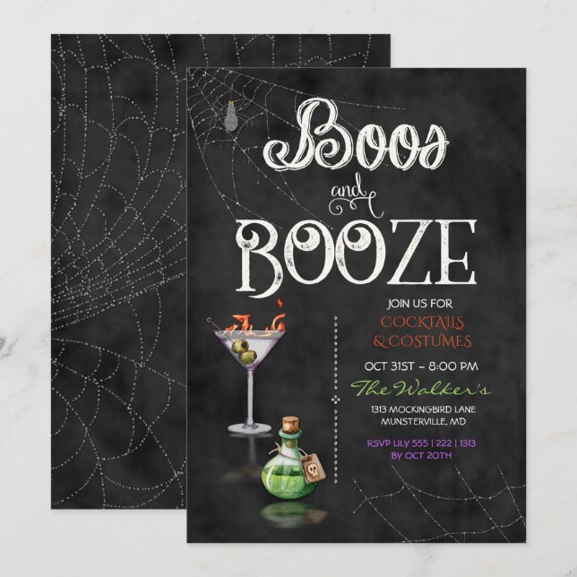 Krita Boos & Booze Halloween Cocktail-fest Inbjudningar (Fram/baksida)