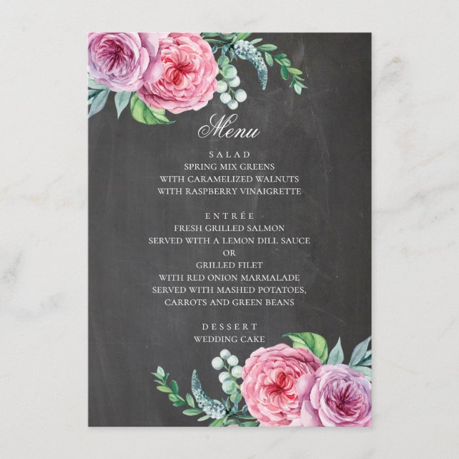 Krita bröllop. Boho trädgård rosa blommor Meny (Framsida)