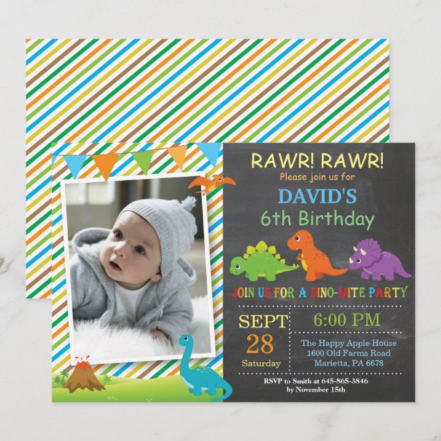 Krita Dinosaur Födelsedagsinbjudan Dino Party Inbjudningar (Fram/baksida)