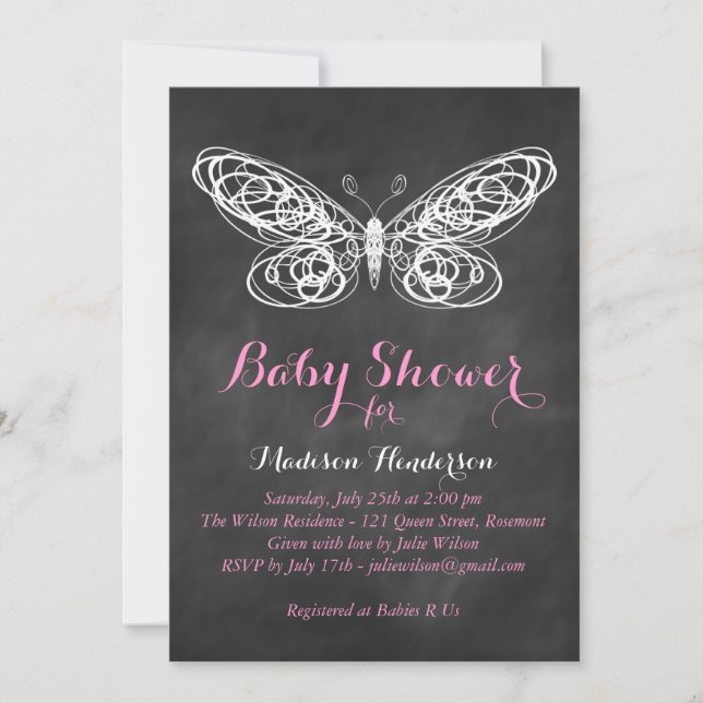 Krita fjäril baby shower inbjudan - rosa (Framsida)