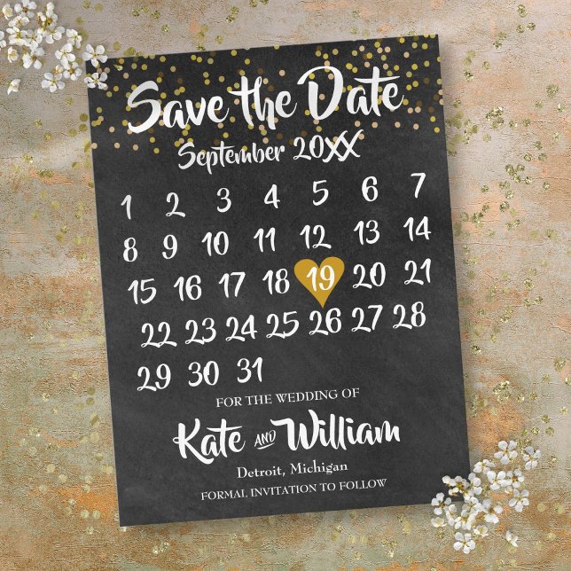 Krita Guld Kärlek Hjärtkalender Spara Datumet Meddelande Vykort (Chalkboard Gold Love Heart Calendar Save the Date Announcement Postcard)
