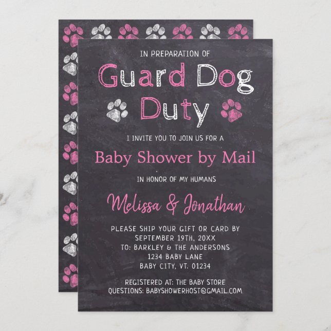 Krita Hund Rosa Flicka Baby Shower Via Posten Inbjudningar (Fram/baksida)