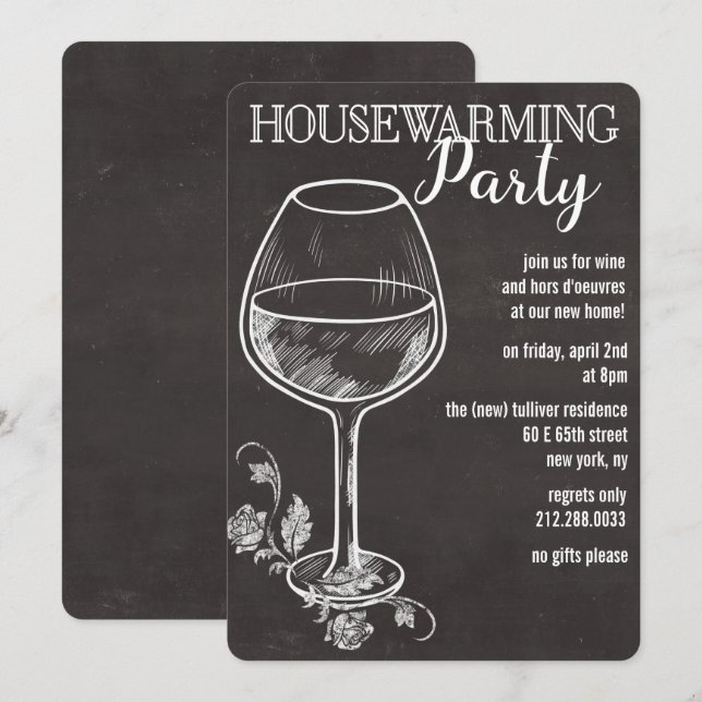 Krita inbjudan till husvärmningsfest med vin glas (Fram/baksida)
