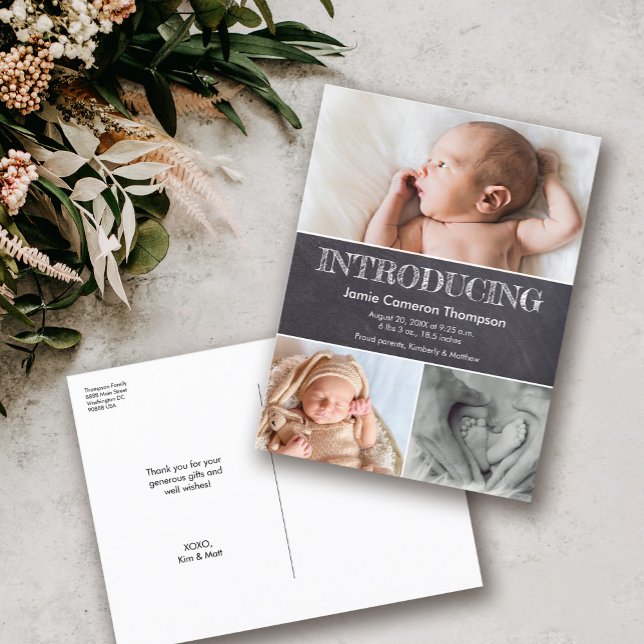 Krita Introducerar Babybilder Födelseannons Meddelande Vykort (Introducing baby birth stats chalkboard design classic thank you postcard)