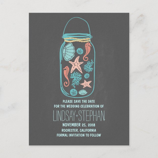 Krita mason glasyr strand bröllop spara datum meddelande vykort (Framsida)