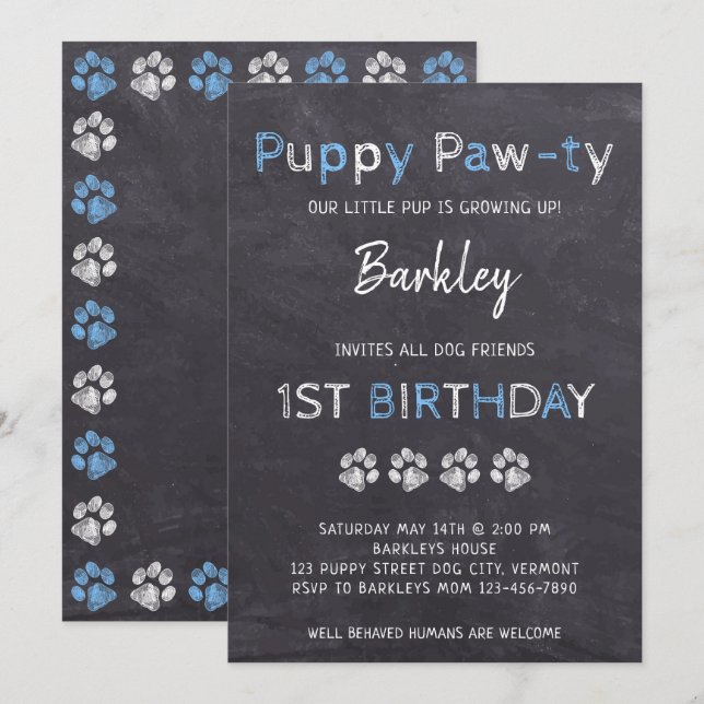 Krita Puppy Pawty Hund Födelsedag Inbjudningar (Fram/baksida)
