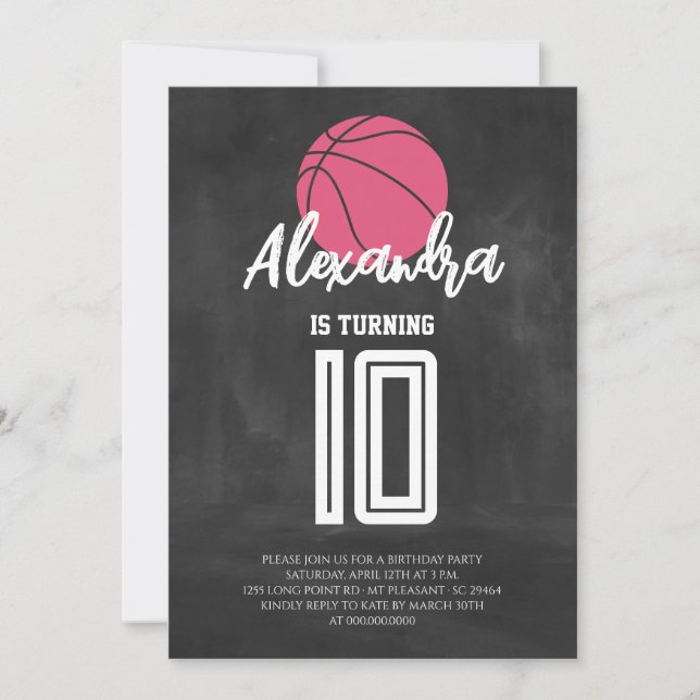 Krita Rosa Basketboll Födelsedag Inbjudningar (Framsida)