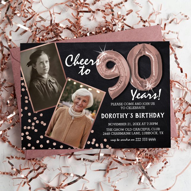 Krita Rosa Guld Ballonger 2 Foto 90-årsdag Inbjudningar (Skapare uppladdad)
