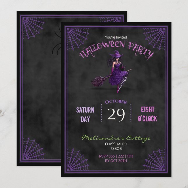 Krita Sexig häxa på kvast Halloween Inbjudningar (Fram/baksida)