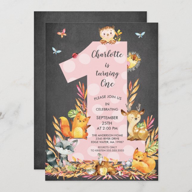 Krita Skog Ett Flicka Födelsedagsinbjudan Inbjudningar (Fram/baksida)