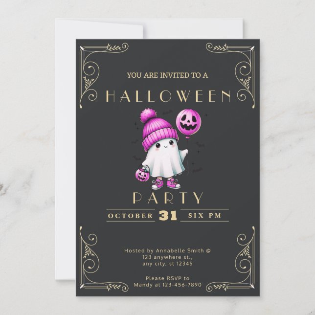 Krita Svart & Guld Ghost Hatt Bats Halloween Inbjudningar (Framsida)