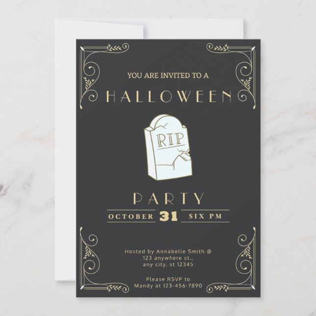 Krita Svart & Guld Grå RIP Grav Halloween Inbjudningar (Framsida)