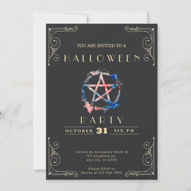 Krita Svart & Guld Pentagram Halloween Inbjudningar (Framsida)