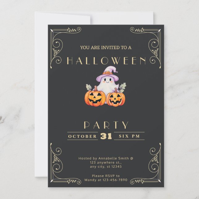 Krita Svart & Guld Spök Halloween Inbjudningar (Framsida)
