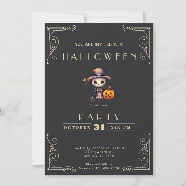 Krita Svart & Guld Spök Topphatt Halloween Inbjudningar (Framsida)