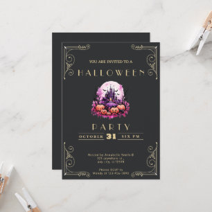 Krita Svart & Guld Spökaktigt Slott Halloween Inbjudningar