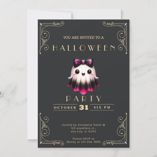 Krita Svart & Guld Spöklik Bow Skallar Halloween Inbjudningar (Framsida)