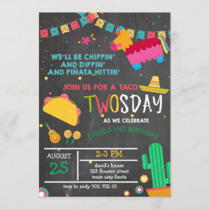 Krita Taco Tvåsdags Pinata Fiesta 2-års födelsedag Inbjudningar