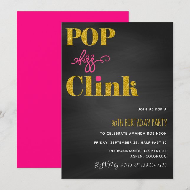 Krita tavla med rosa och guld glitter Pop fizz cli Inbjudningar (Fram/baksida)