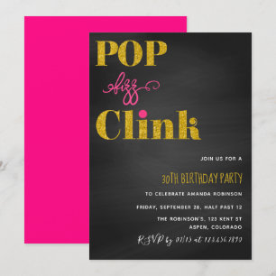 Krita tavla med rosa och guld glitter Pop fizz cli Inbjudningar