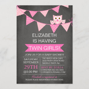 Krita Tvilling Flickor Baby Shower-flaggor Ugglor Inbjudningar
