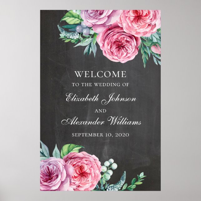Krita välkomstskylt tryck. Boho blommande bröllop Poster (Framsidan)