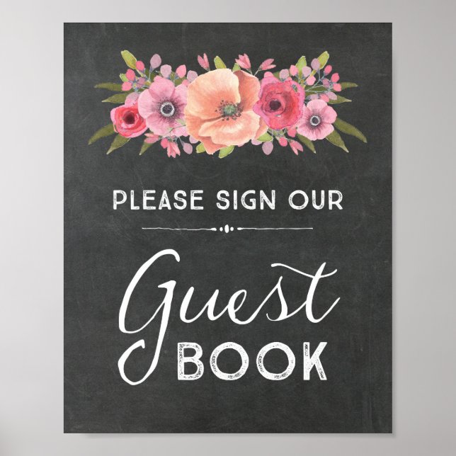 Krita Vattenfärg Blommig Gästbok Bröllopsskylt Poster (Framsidan)