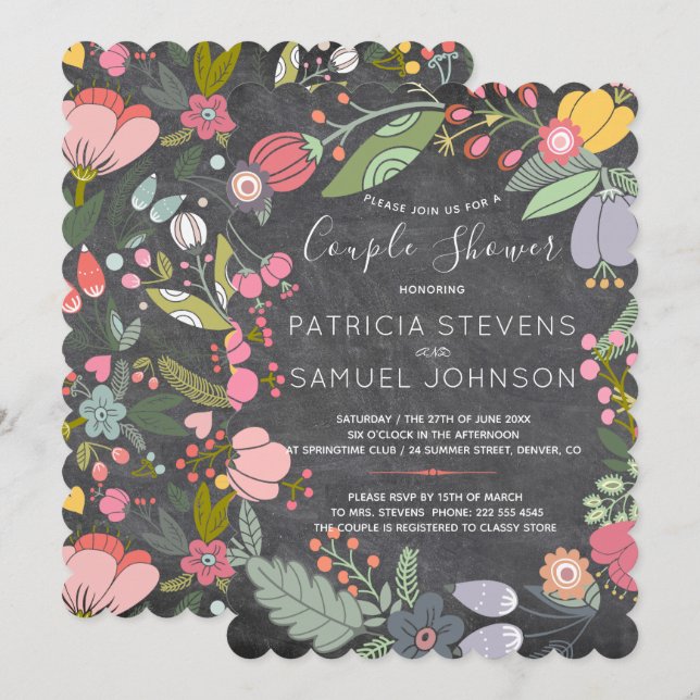 Krita vildblommor äng krans par bröllopsdusch inbjudningar (Fram/baksida)