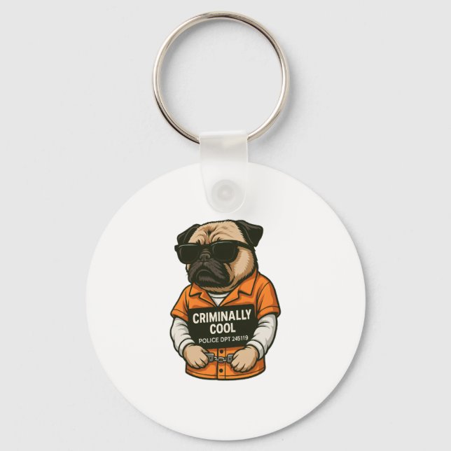 Kritiskt Coola Pug � Funny Mugshot Hund design Nyckelring (Framsida)