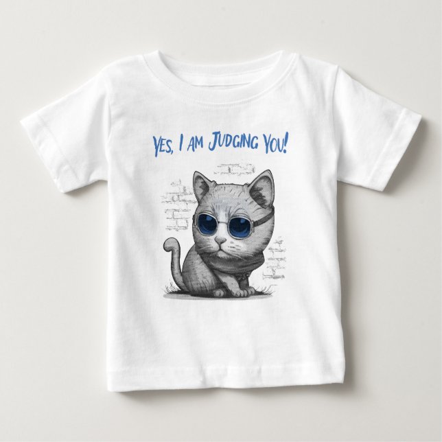 Kritiskt Katt Dömer Dig Blå Text T Shirt (Framsida)