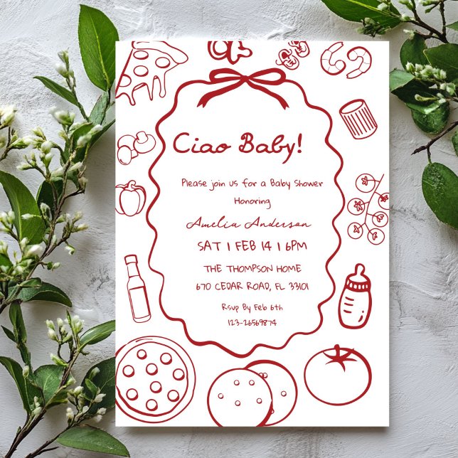 Kritzel Pizza Italiensk Ciao Baby Shower Inbjudan (Skapare uppladdad)