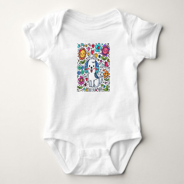 Kritzelhund, blommor, hjärtan och fjärilar t shirt (Framsida)