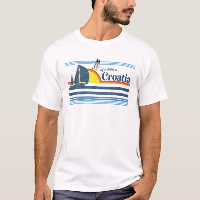 Kroatien - Beach Retro 70S 80S Sailing Boat Sunset T Shirt (Framsida)
